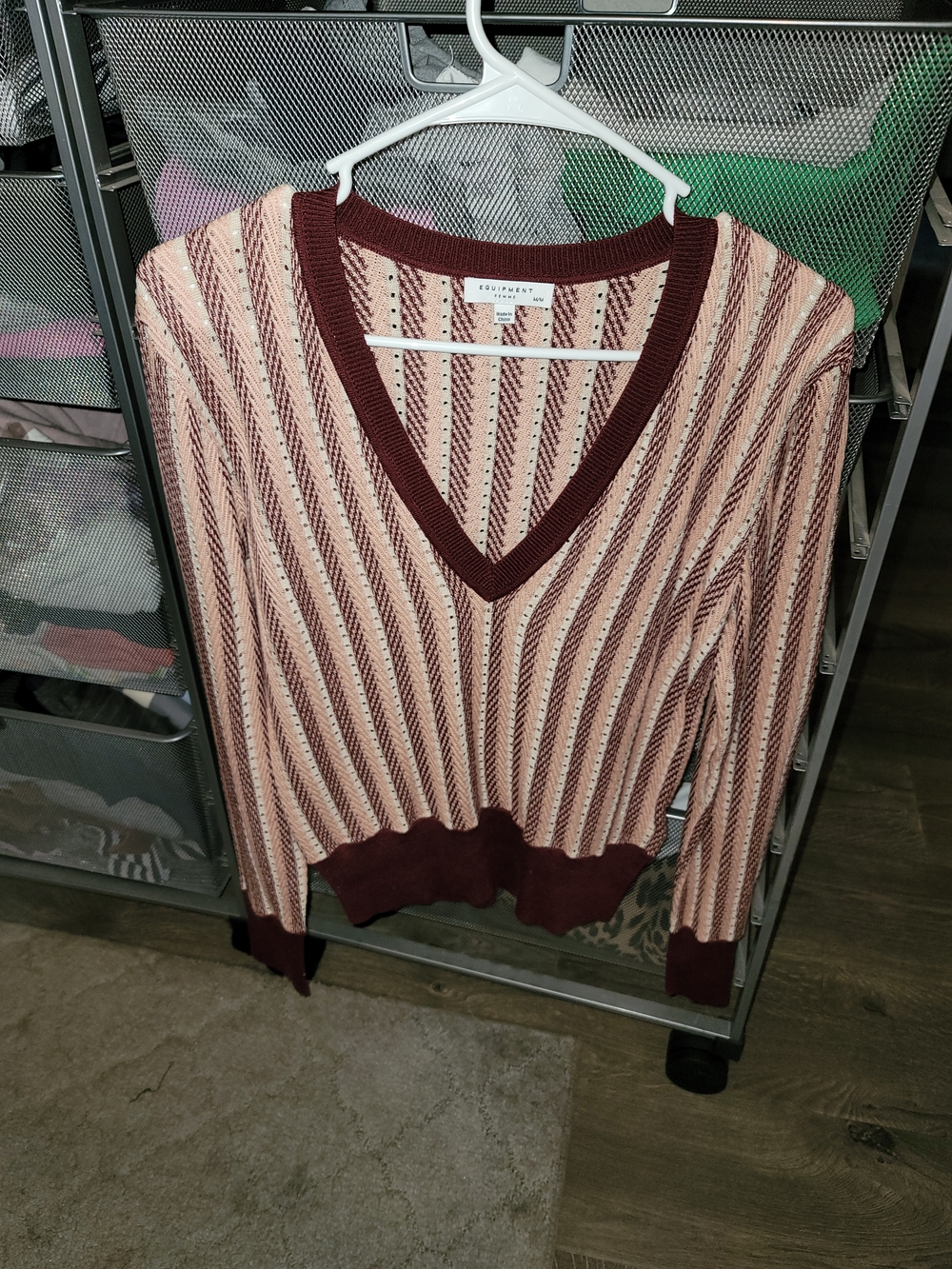 Equipment Striped V-Neck Sweater in Burgundy and Cream